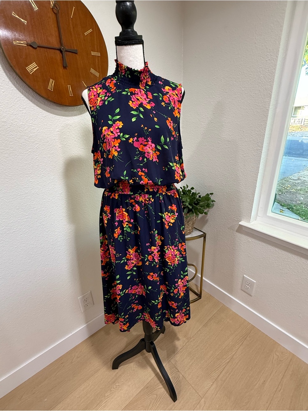 Nanette Lepore Floral Midi Dress Size 12 Navy Pink Smocked High Neck